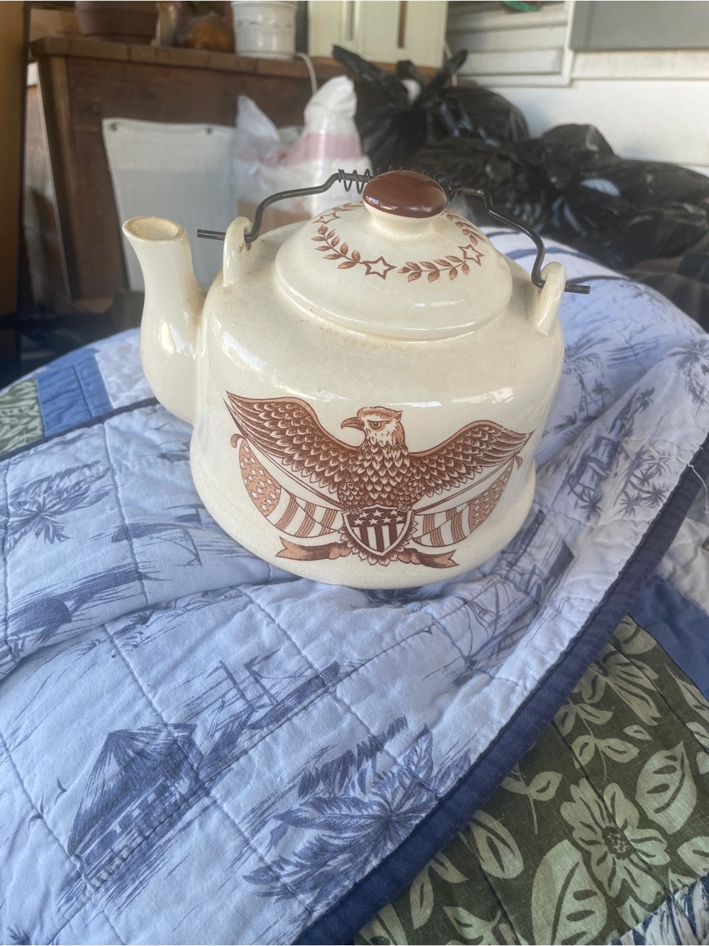 Source Unknown Cream Ceramic Teapot with Brown Eagle Motif